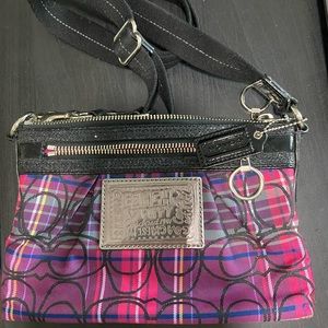 Coach small purse pink plaid with crossbody strap
